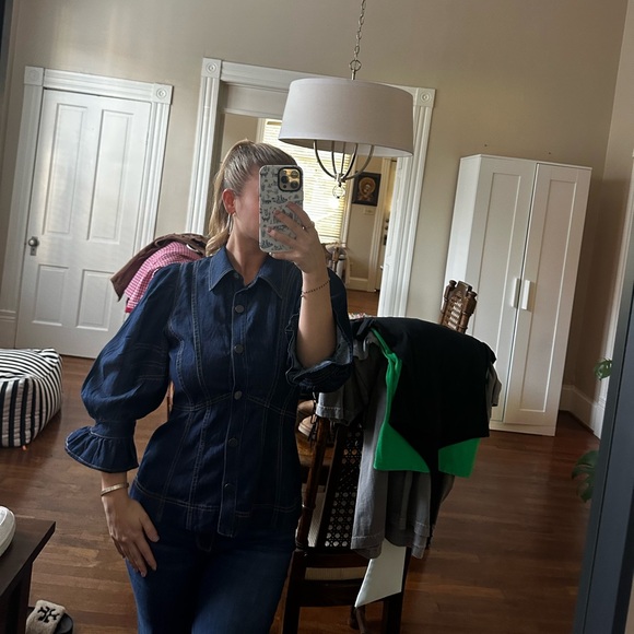 Anthropologie Dark Blue Jean Jacket with Puff Sleeves - Picture 3 of 4